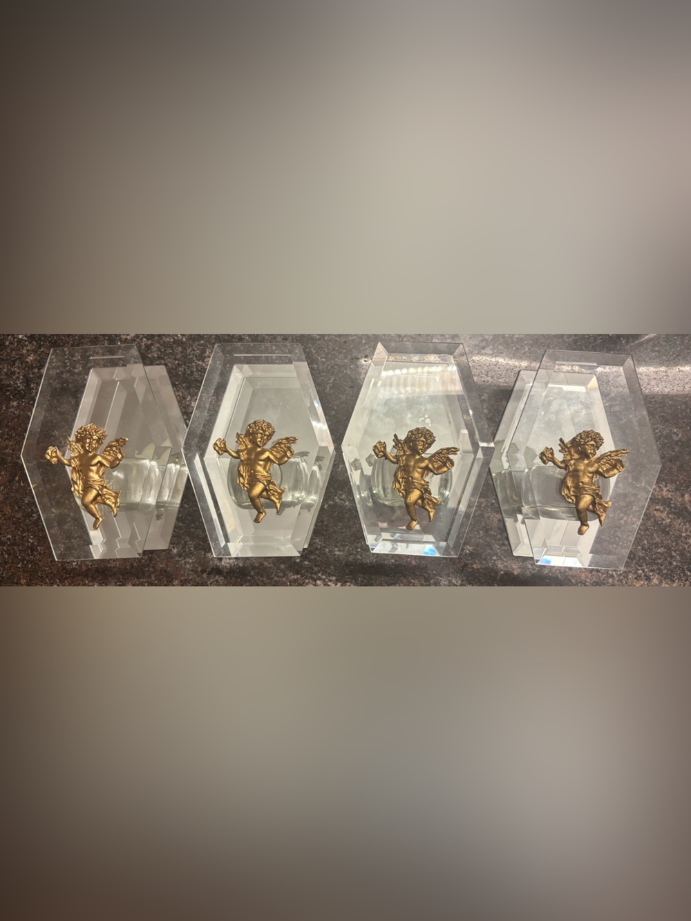 Vintage Mirrored glass gold cherub/angel tea light candle holder